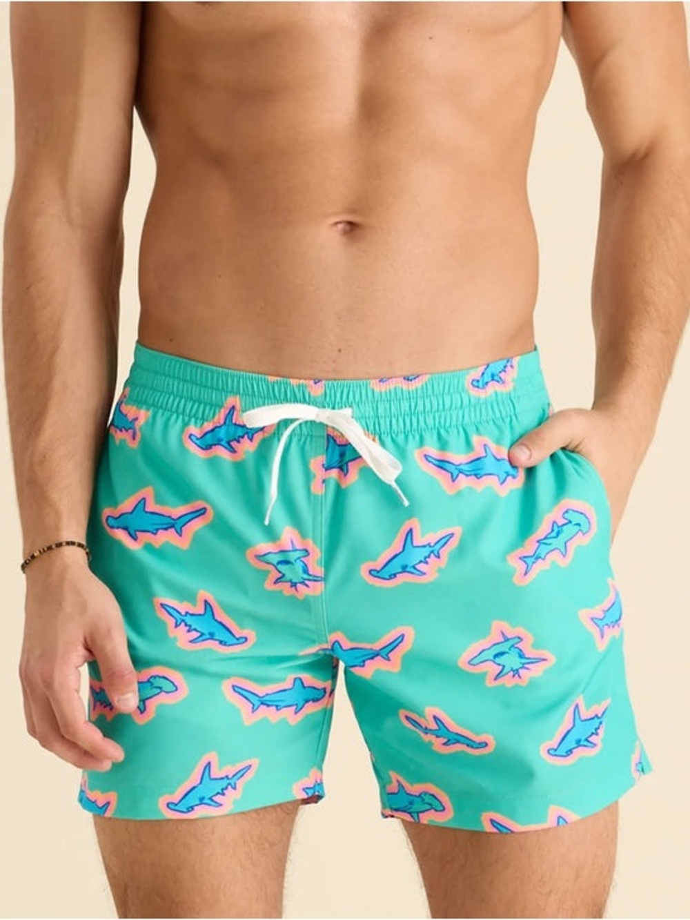 Chubbies Men L Teal Shark Print Swim Trunks Quick Dry Lightweight Quirky Shorts
